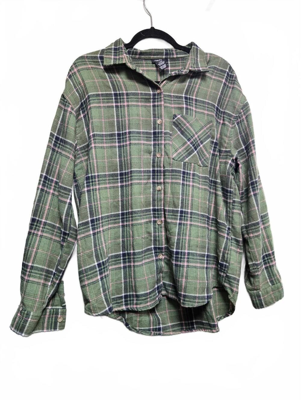 rue21 Green Plaid Button-Up Shirt with Angel 01 Back Print, Large